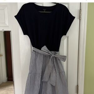 Talbots Size Medium Sundress Navy & White Striped Ruffled Skirt Dress with Belt